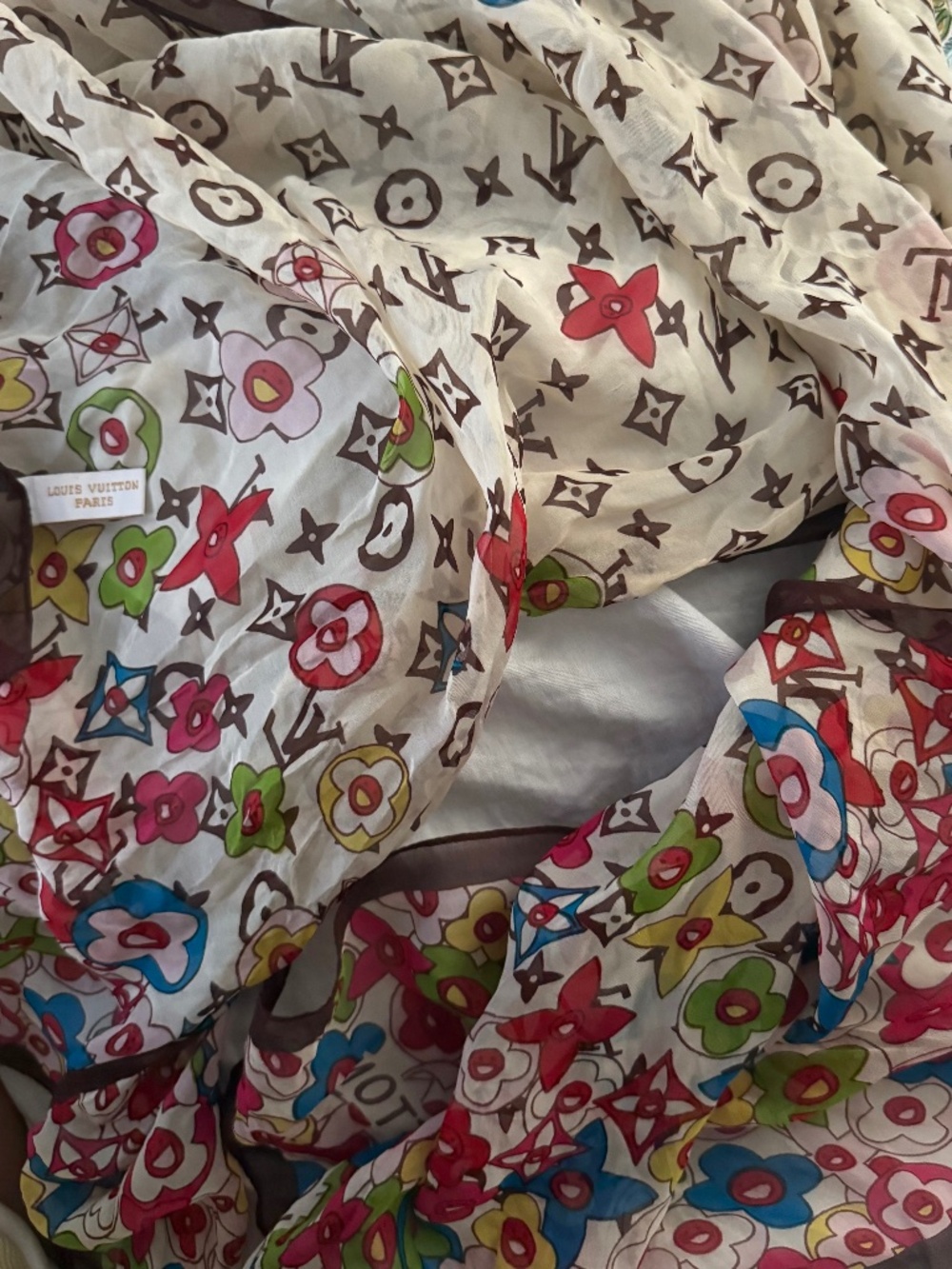 Beautiful Multicolor Floral Monogram Long Silk Scarf / Wrap